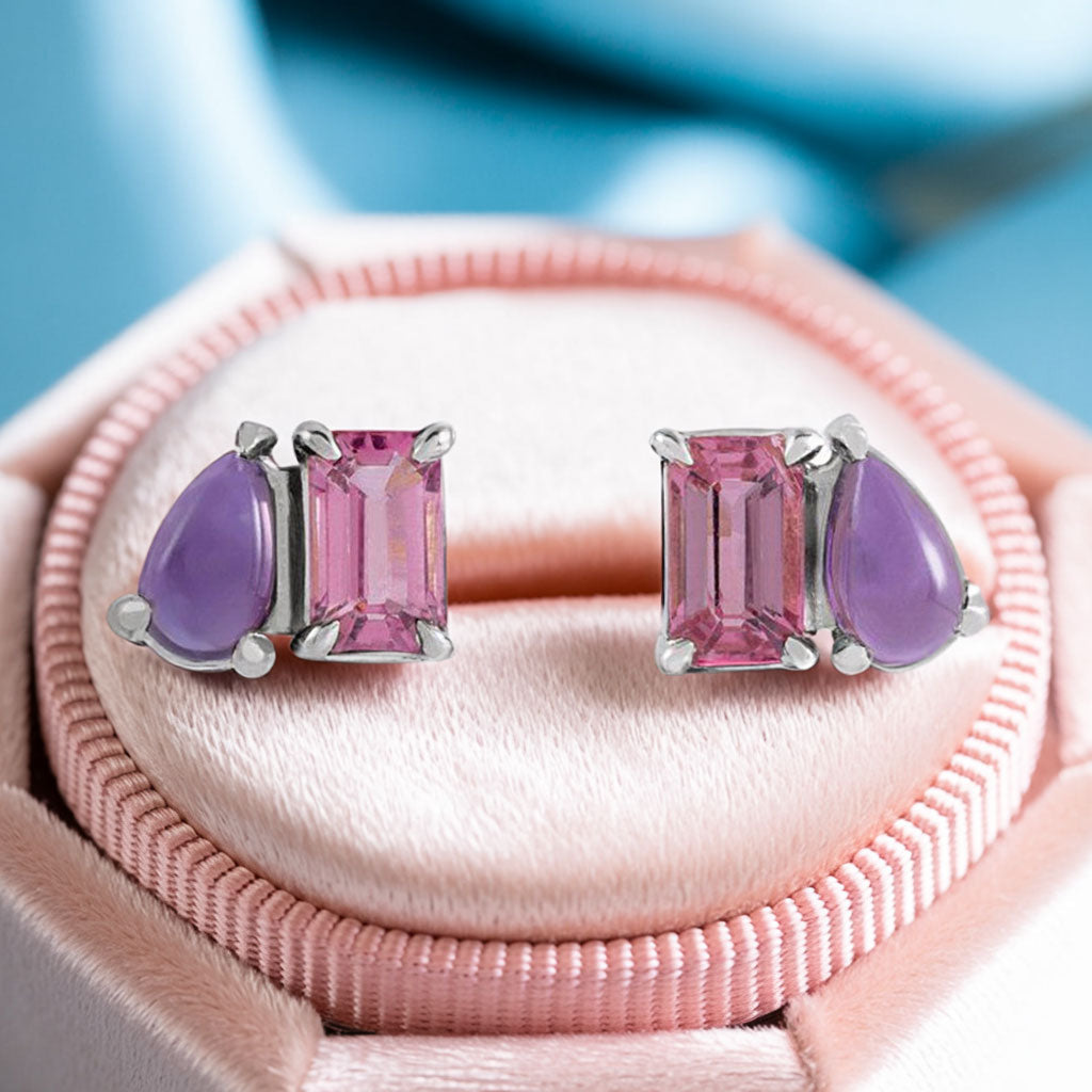 Pink Tourmaline & Amethyst Two-Stone Stud Earrings