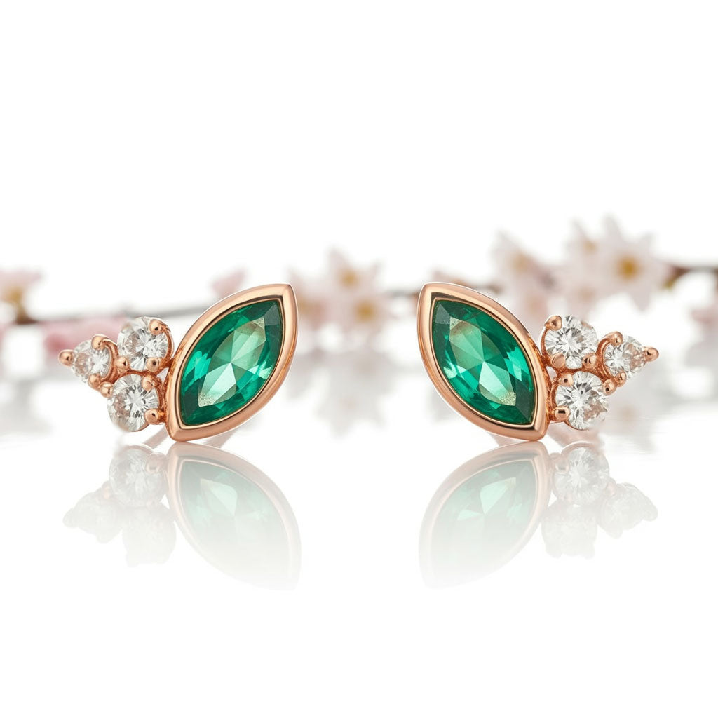 Marquise Emerald & Diamond Cluster Gold or Platinum Leaf Stud Earrings