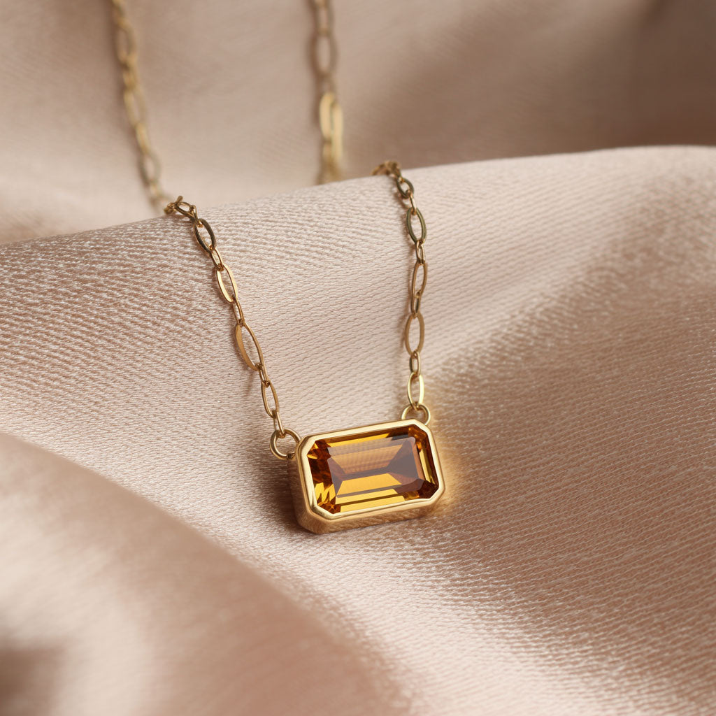 Emerald Cut Citrine Bezel Set Pendant Necklace