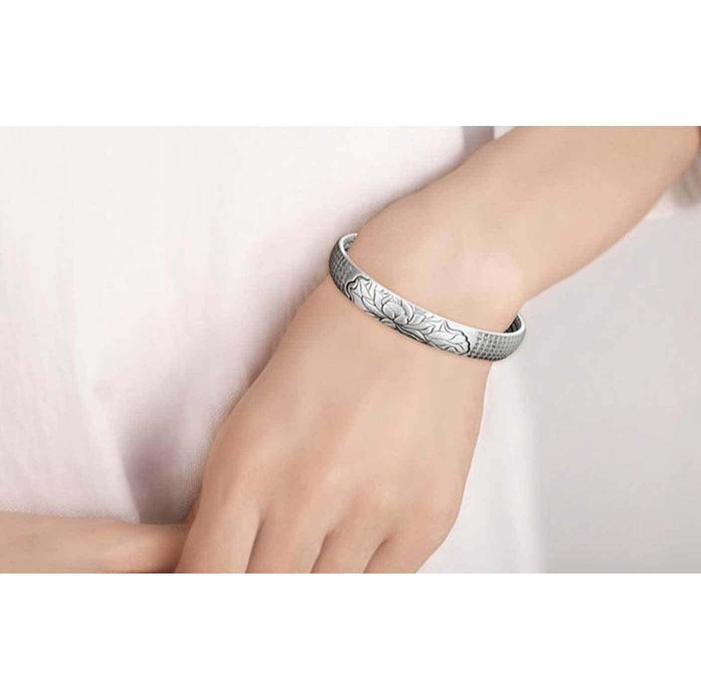 Silver Lotus Flower Bangle Bracelet