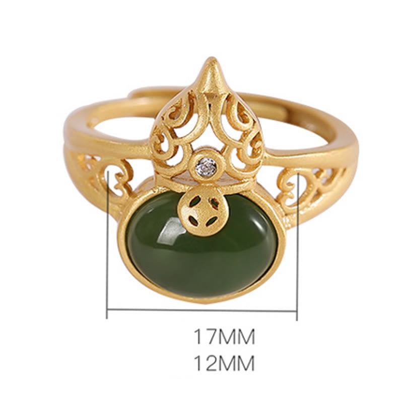Fortune Jewel Gourd Cyan Jade Copper Coin Success Luck Adjustable Ring