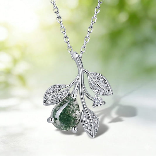 Natural Moss Agate Olive Branch Pendant Necklace