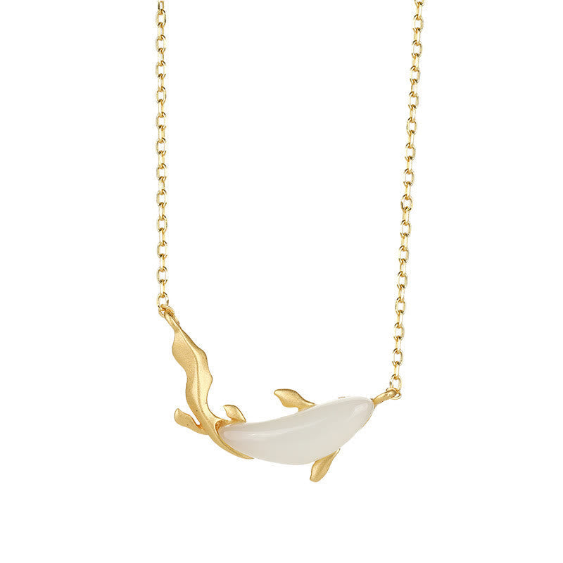 Fortune Jewel 925 Sterling Silver White Jade Dolphin Luck Necklace Pendant