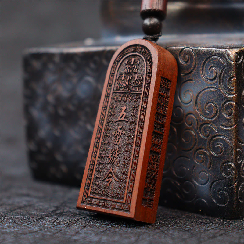 Fortune Jewel Lightning Struck Jujube Wood Taoist Five Thunder Order Luck Protection Necklace Pendant