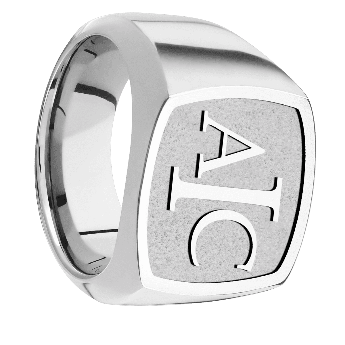 Large Cushion signet ring (18x18mm) in Cobalt Chrome, with a Wide style band and a Book Antiqua 3 Rev engraving.