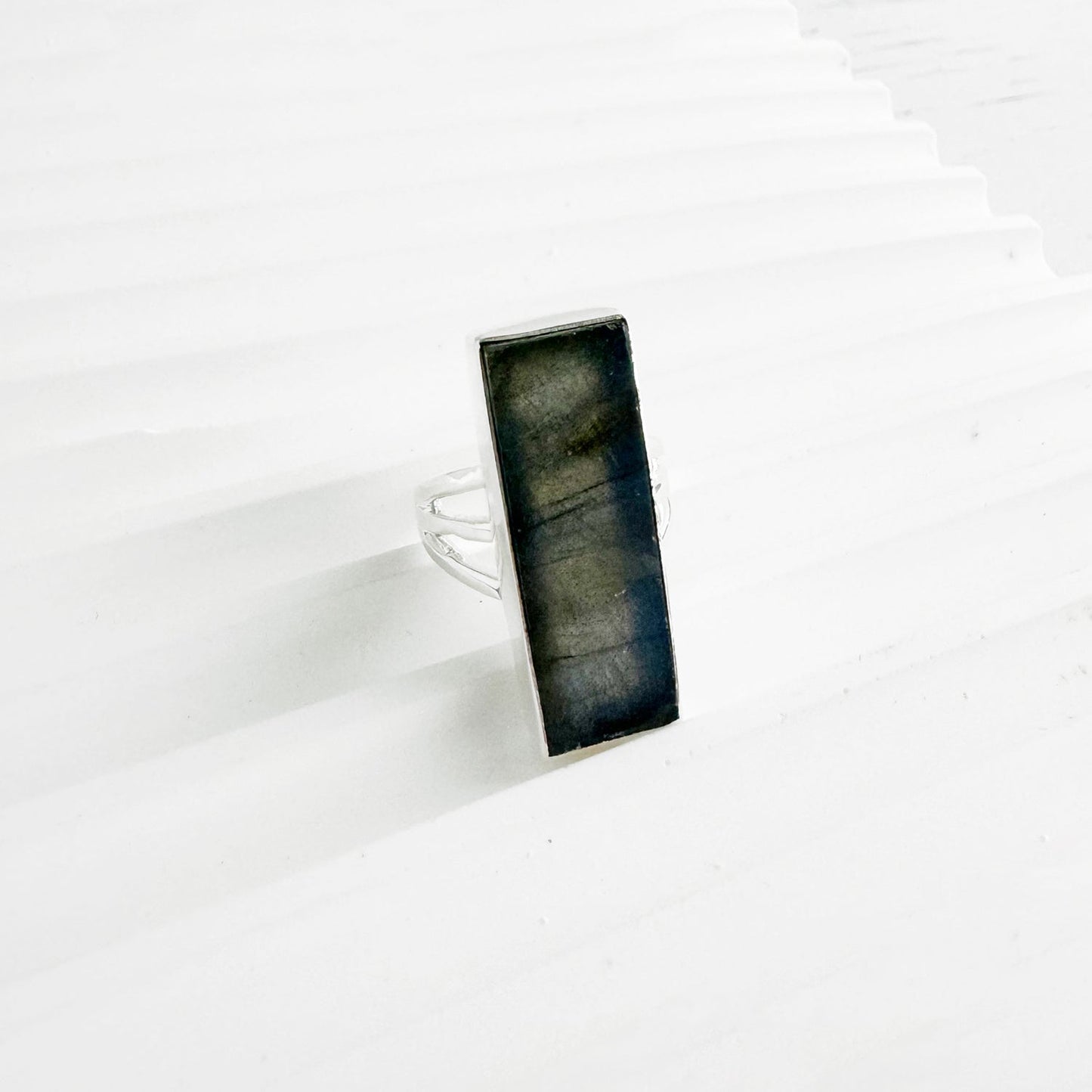 Large Labradorite Rectangle Bar Statement Ring in Gold and Silver