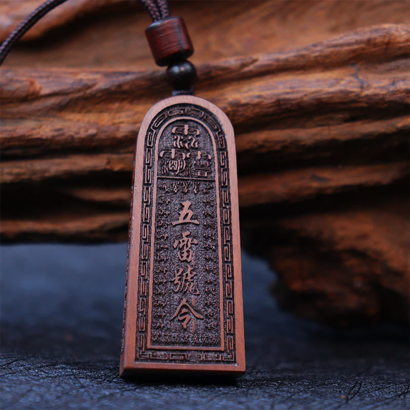 Fortune Jewel Lightning Struck Jujube Wood Taoist Five Thunder Order Luck Protection Necklace Pendant