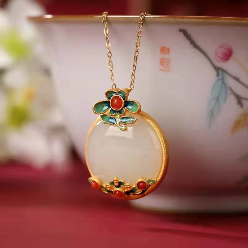 Fortune Jewel White Jade Red Agate Flower Blessing Luck Necklace Pendant