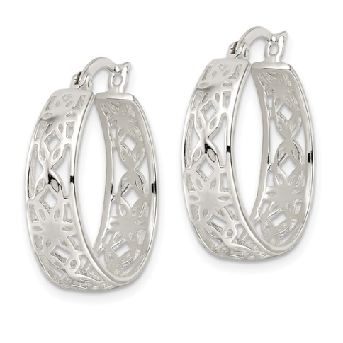 Sterling Silver Polished Cut-out Floral Round Hoops
