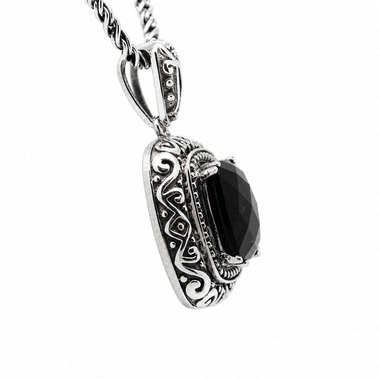 Sterling Silver Effy Twisted Spiga Chain and Black Spinel Pendant