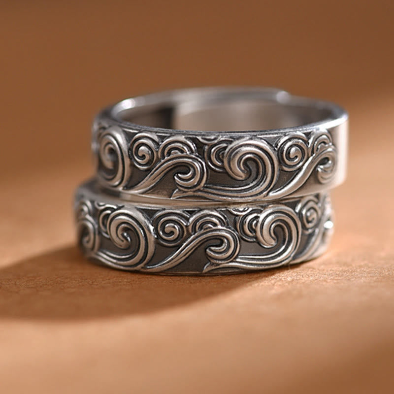 Fortune Jewel 999 Sterling Silver Auspicious Clouds Engraved Blessing Adjustable Ring