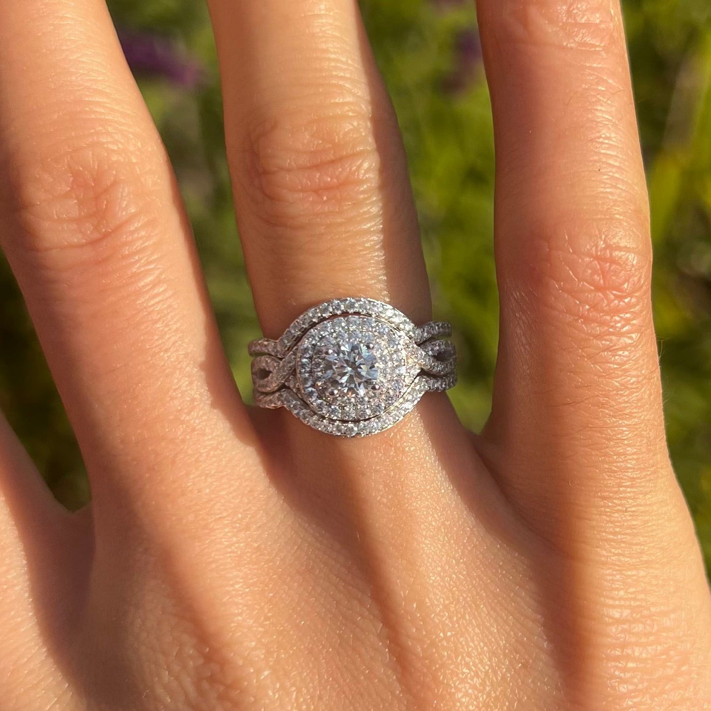 Gorgeous 3 Pcs Round Cut Halo Sterling Silver Bridal Set