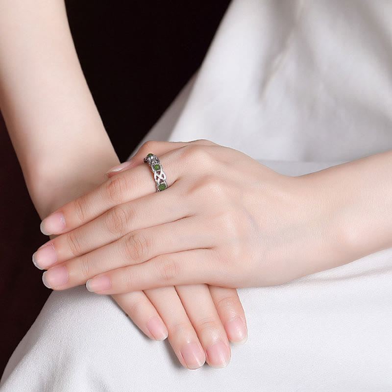 Fortune Jewel 925 Sterling Silver Plated Gold Cyan Jade Braided Design Success Luck Adjustable Ring