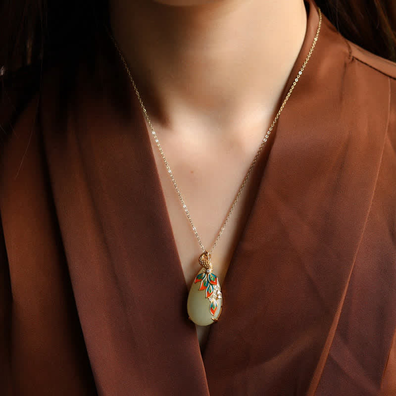 Fortune Jewel White Jade Peacock Protection Necklace Chain Pendant