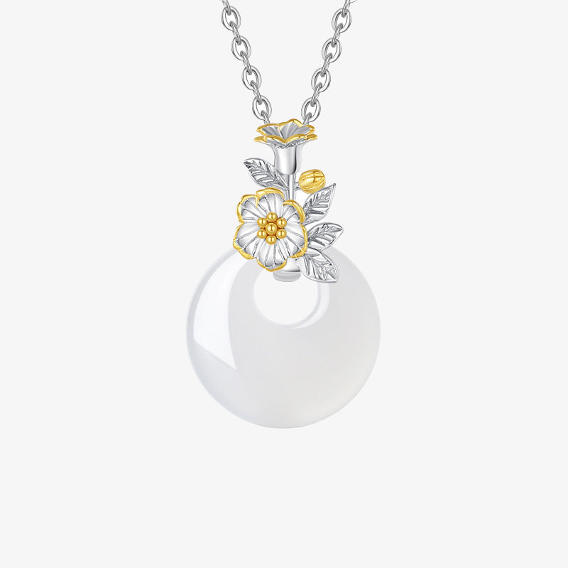 Fortune Jewel 925 Sterling Silver Round Chalcedony Twelve Months Flower Harmony Necklace Pendant