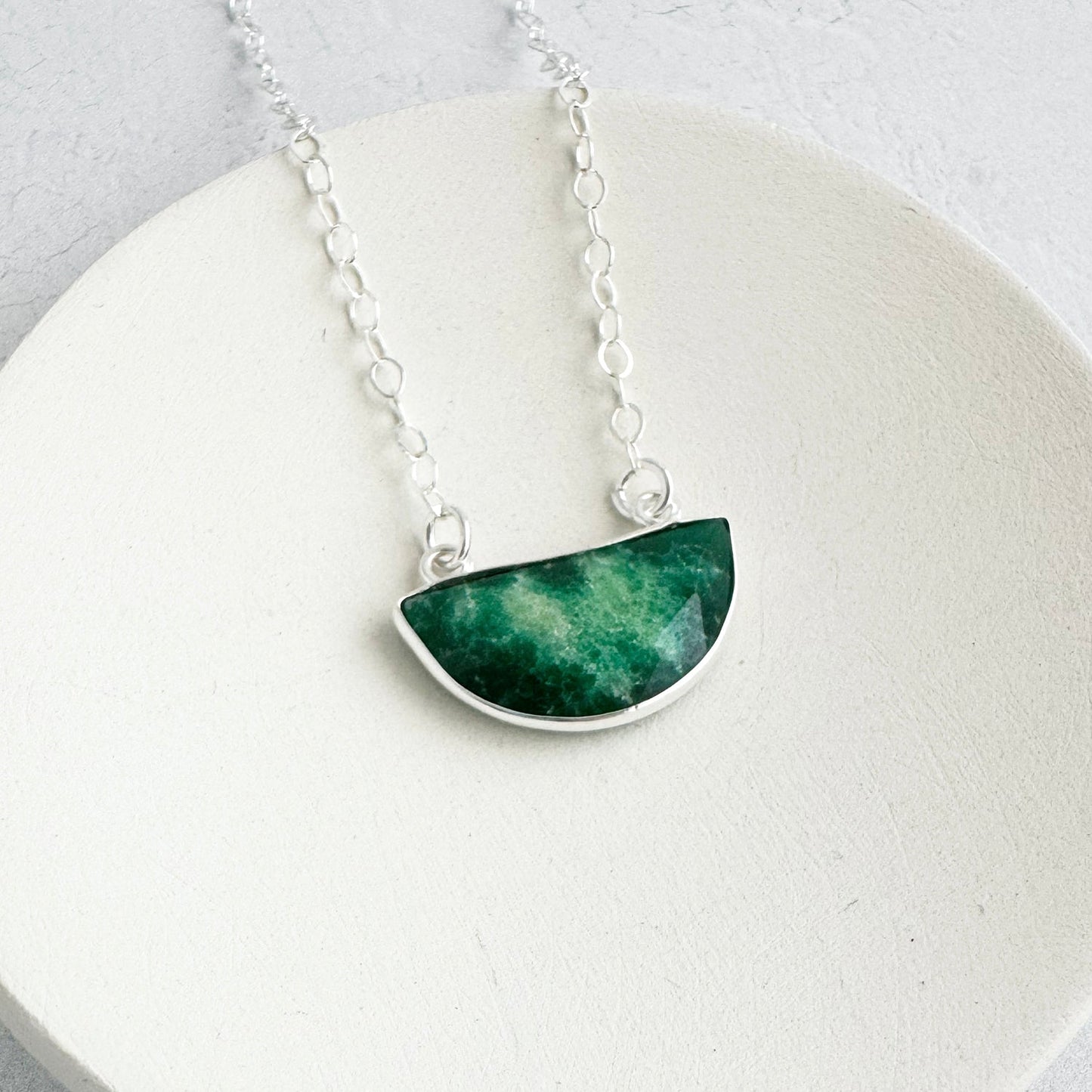Small Half Moon Crescent Necklace - Raw Emerald