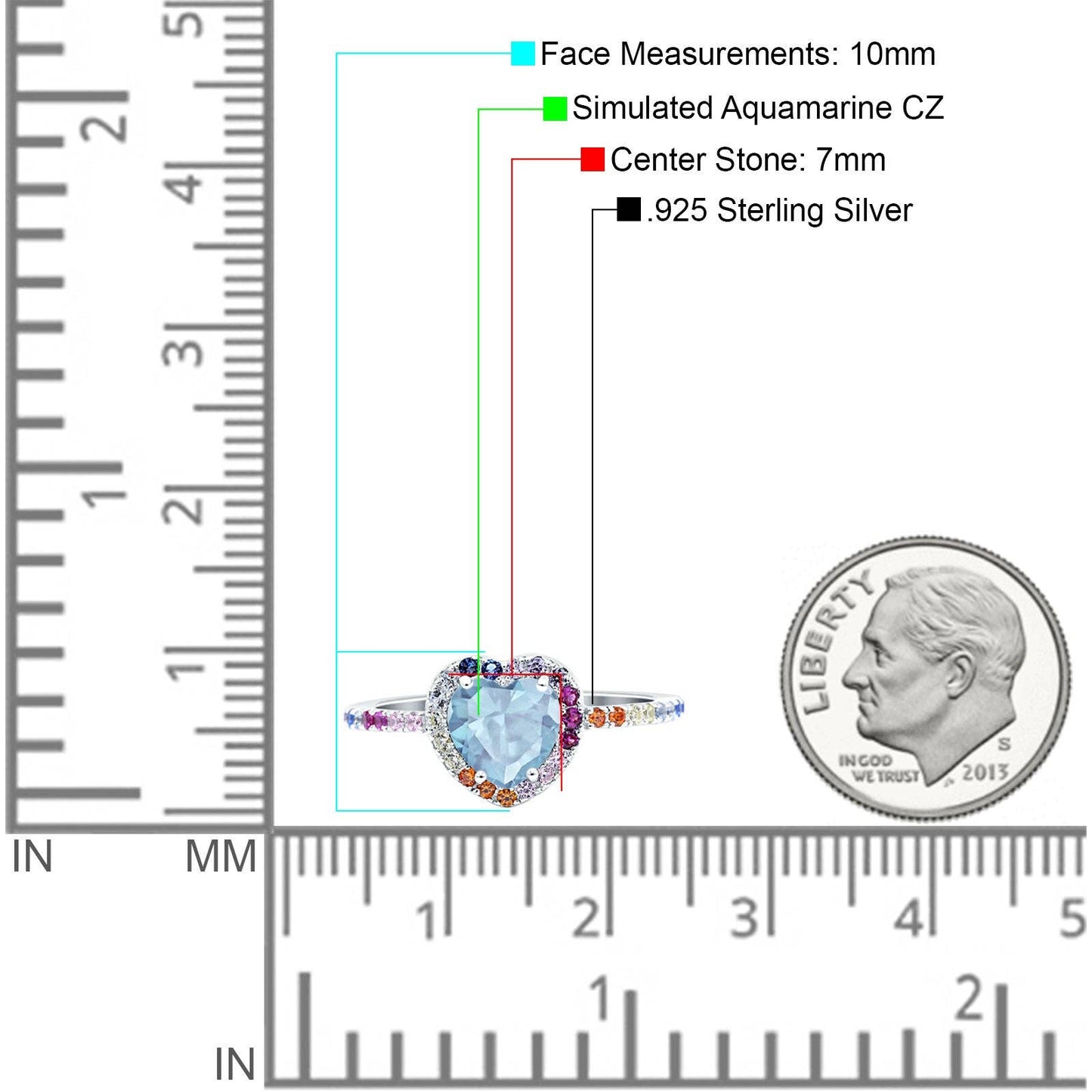 Heart Art Deco Engagement Ring Aquamarine CZ: Aquamarine CZ size p