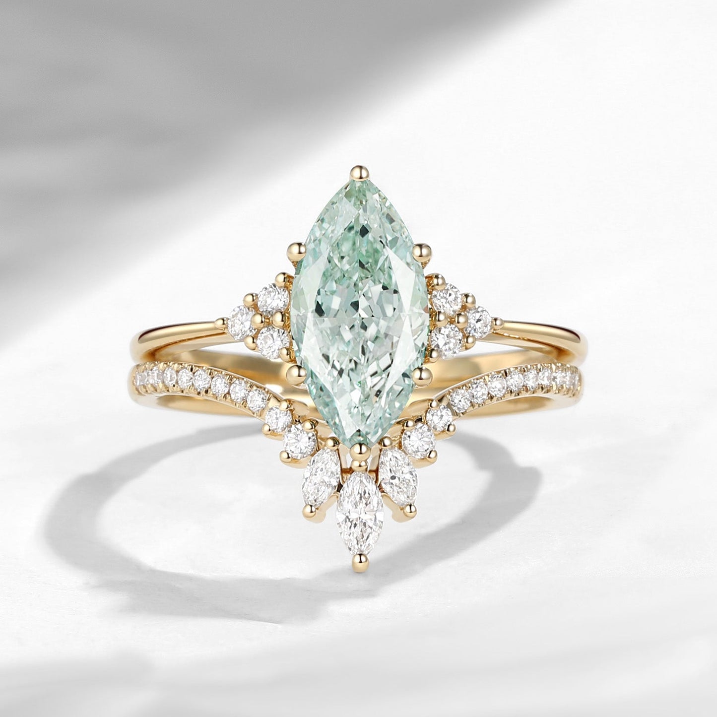 Classic Style Marquise Cut Lab Green Diamond Cluster Engagement Ring Set 2pcs