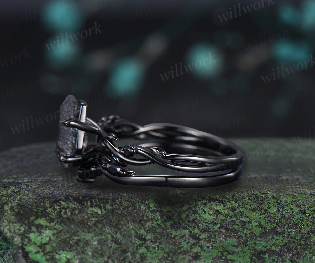 Retro Coffin Cut Natural Black Rutilated Quartz Engagement Ring Set Twig Vine Black Gothic Wedding Ring Set for Black Wedding Dress/Gown
