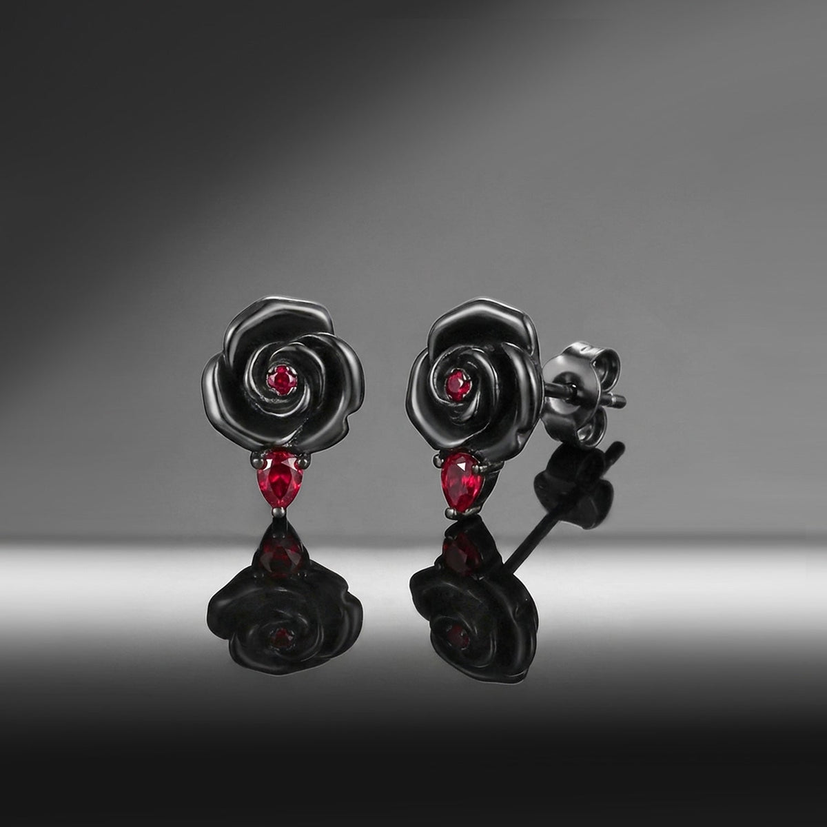Nature Inspired Dark Crimson Rose Lab Ruby Stud Earrings - 'Thorns & Roses'