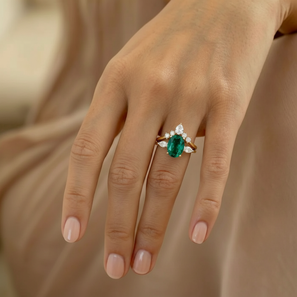 Vera's Grace | Vintage Oval Emerald & Moissanite Bridal Set 2pcs