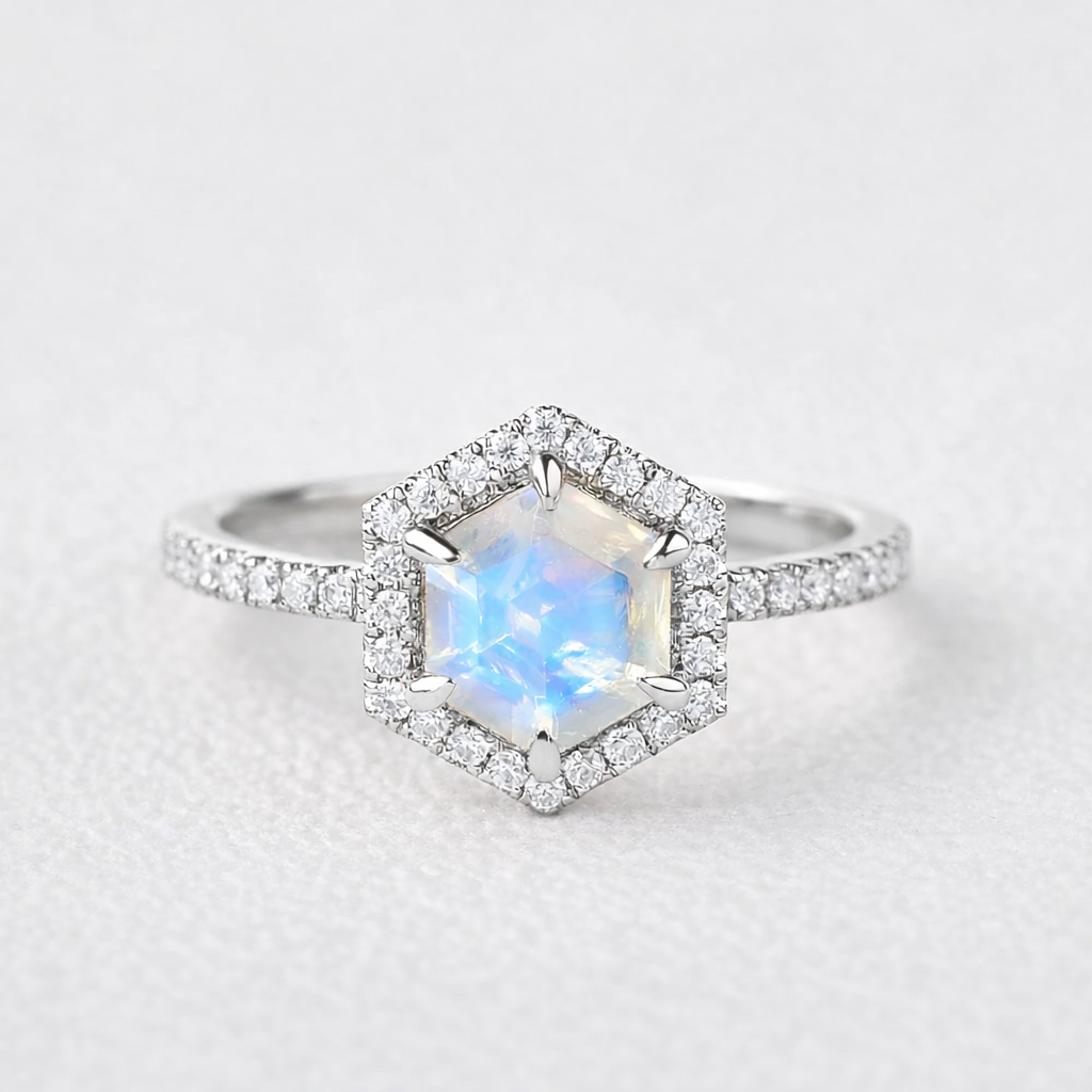 Luna’s Reverie | Vintage Hexagon Moonstone & Moissanite Halo Engagement Ring