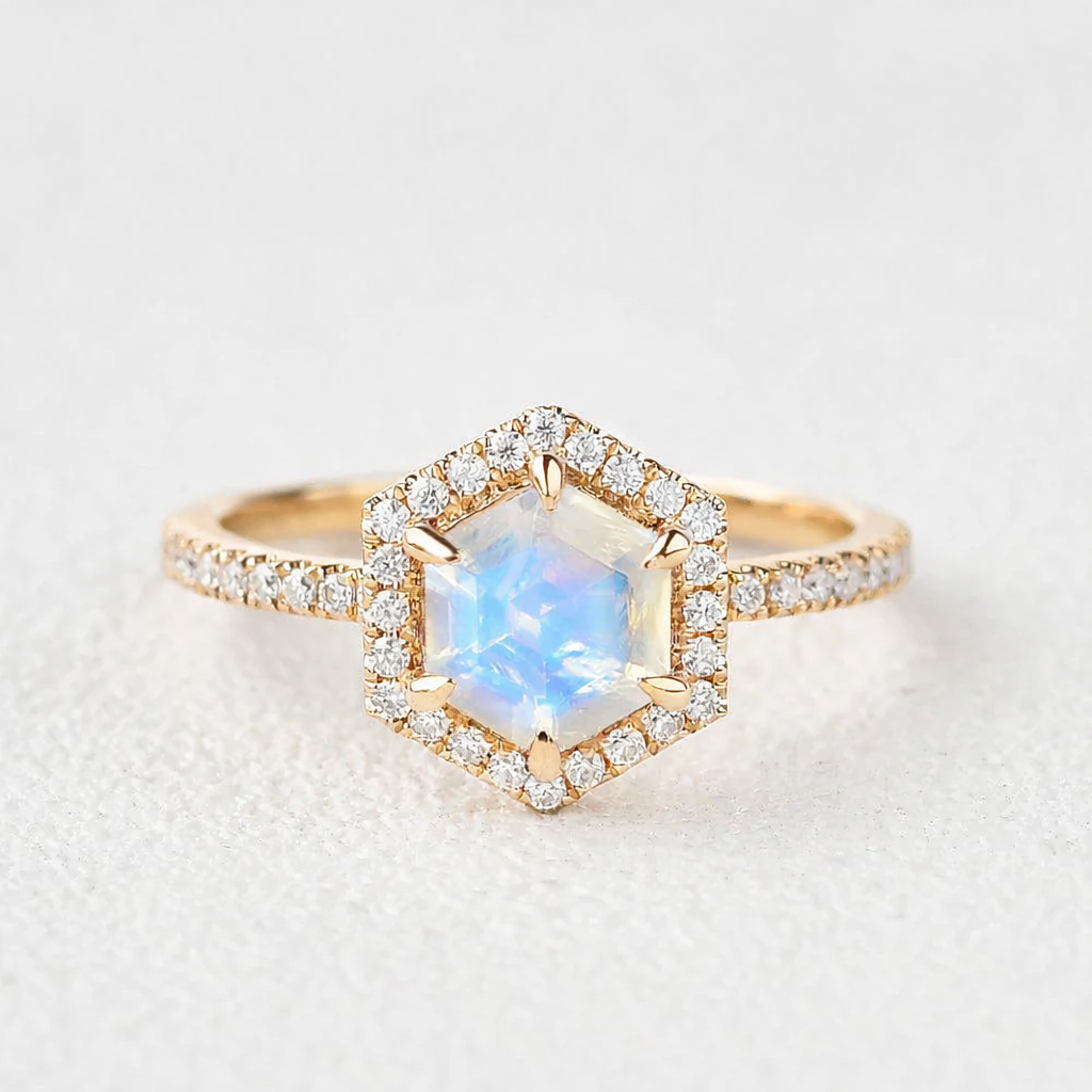Luna’s Reverie | Vintage Hexagon Moonstone & Moissanite Halo Engagement Ring