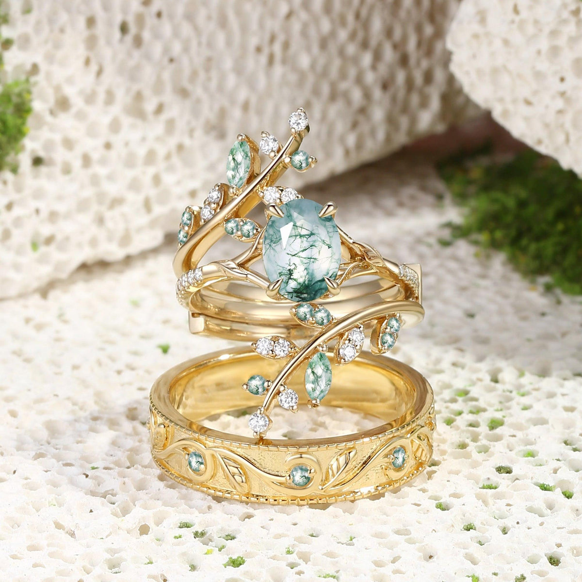 Daphne’s Canopy | Oval Cut Green Moss Agate Cluster Couple Ring Set