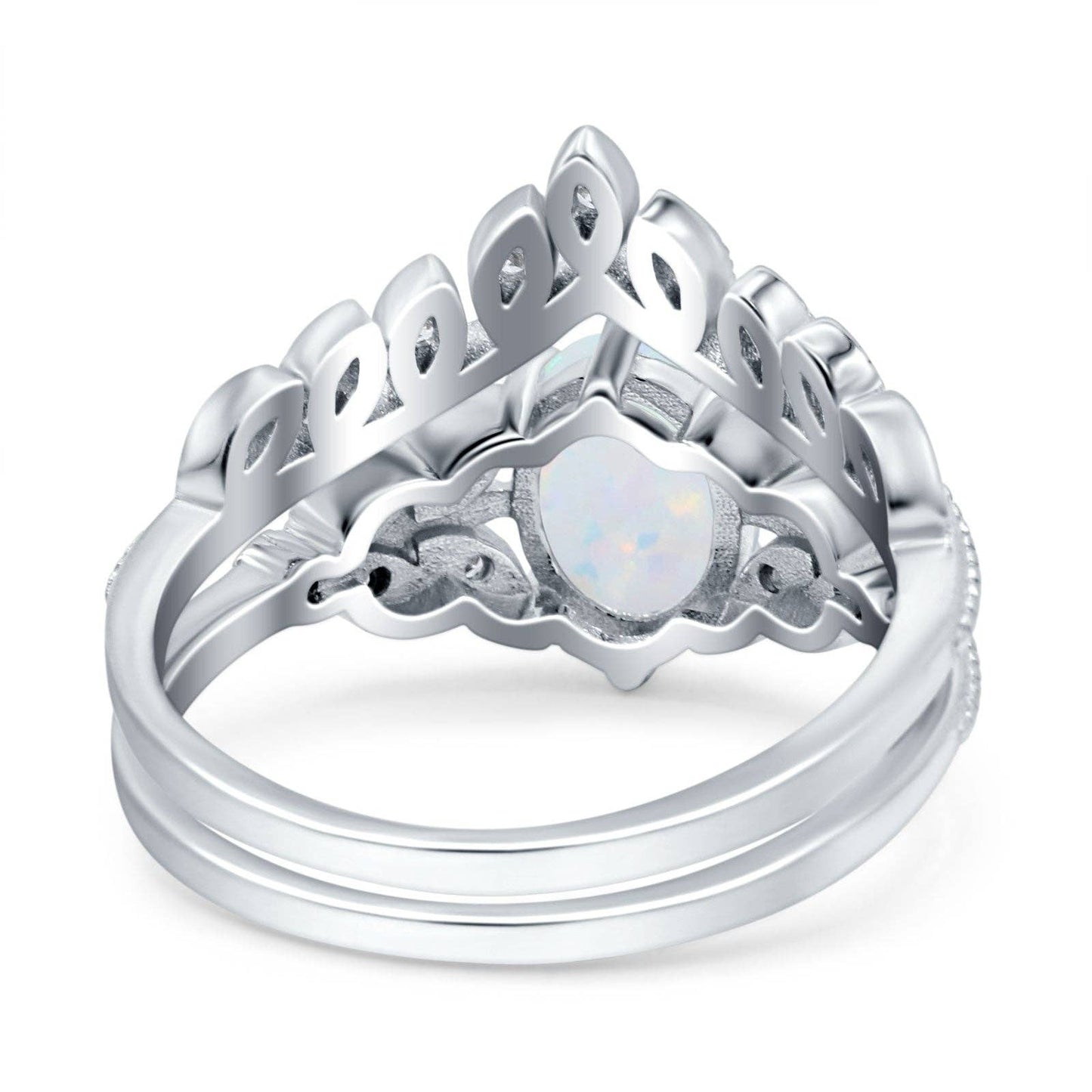 Two Piece Vintage Style Band Oval Lab Created White Opal Wedding Bridal Set Ring: Lab Created White Opal size T