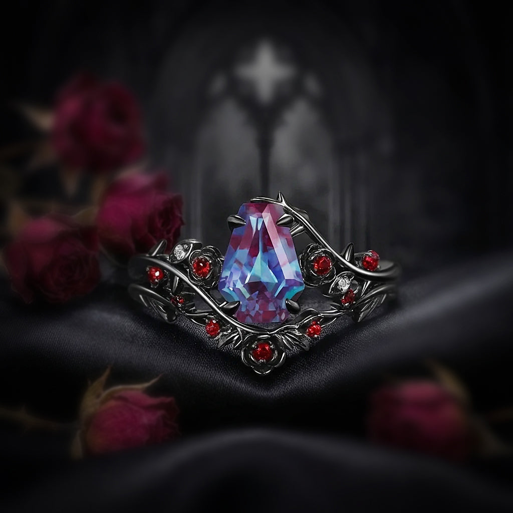 'The Fine Print' - Nature Inspired Coffin Cut Lab Alexandrite Thorns & Roses Bridal Set with Twisted Vine Band
