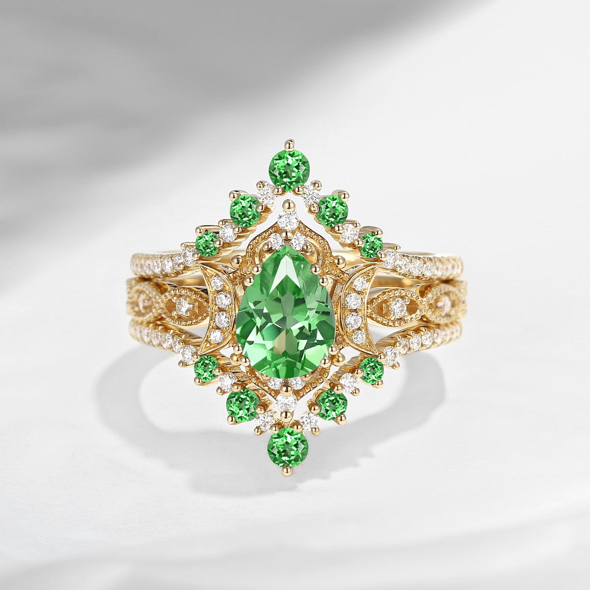 Crescent Moon | Unique Pear Shaped Lab Tsavorite Vintage Engagement Ring Set 3pcs 18K