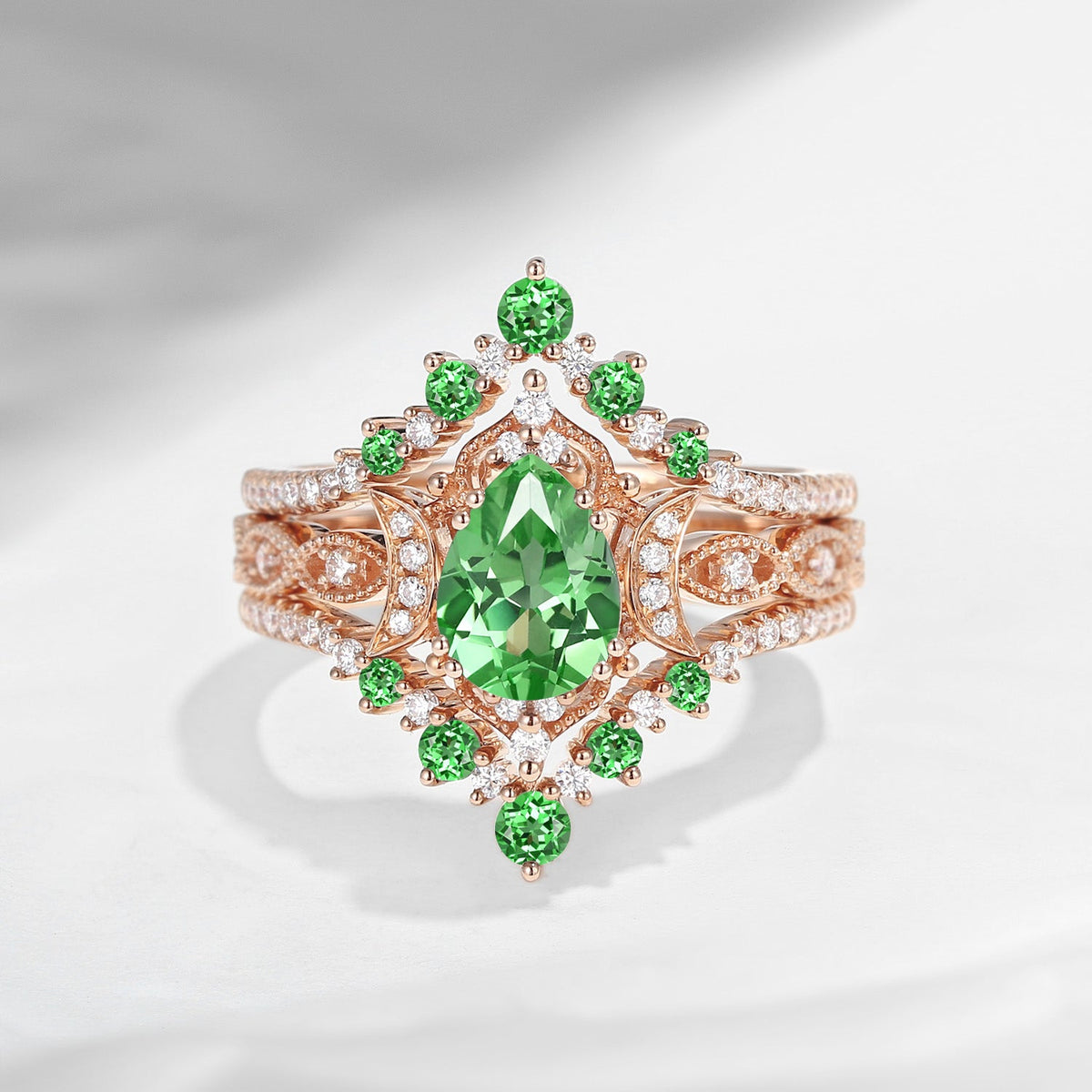 Crescent Moon | Unique Pear Shaped Lab Tsavorite Vintage Engagement Ring Set 3pcs 18K