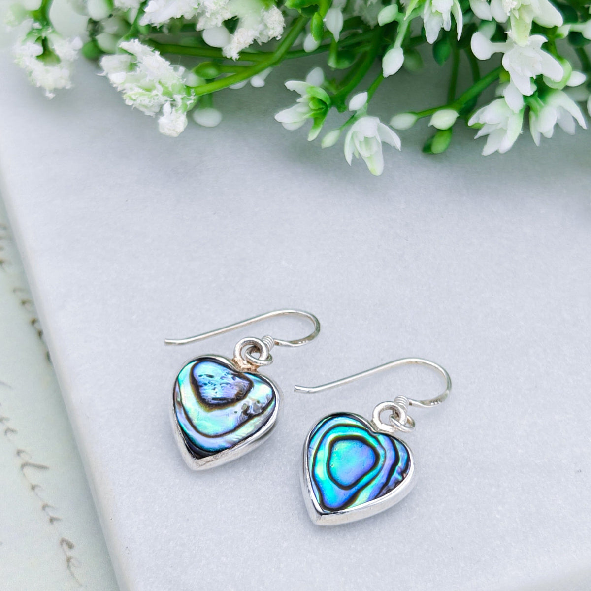 Abalone Earrings | Mother of Pearl on Reverse | Heart Shaped | Sterling Silver