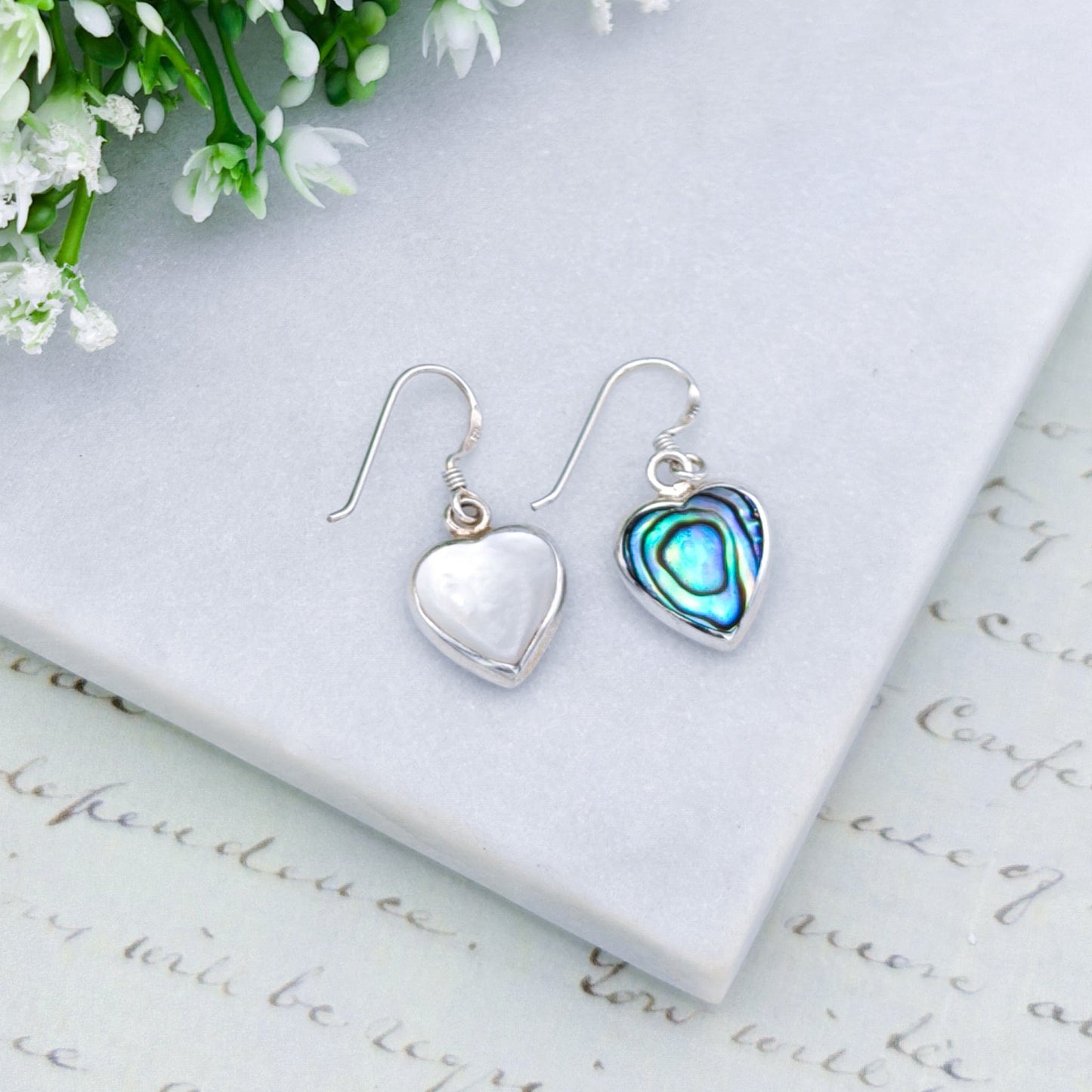 Abalone Earrings | Mother of Pearl on Reverse | Heart Shaped | Sterling Silver