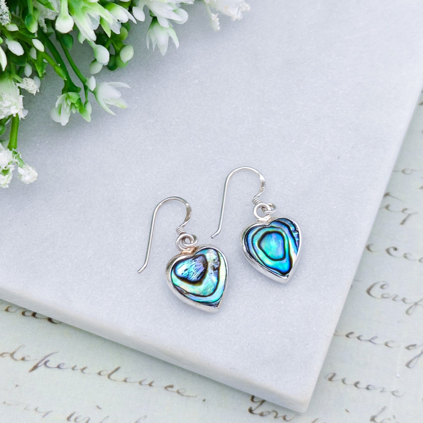 Abalone Earrings | Mother of Pearl on Reverse | Heart Shaped | Sterling Silver