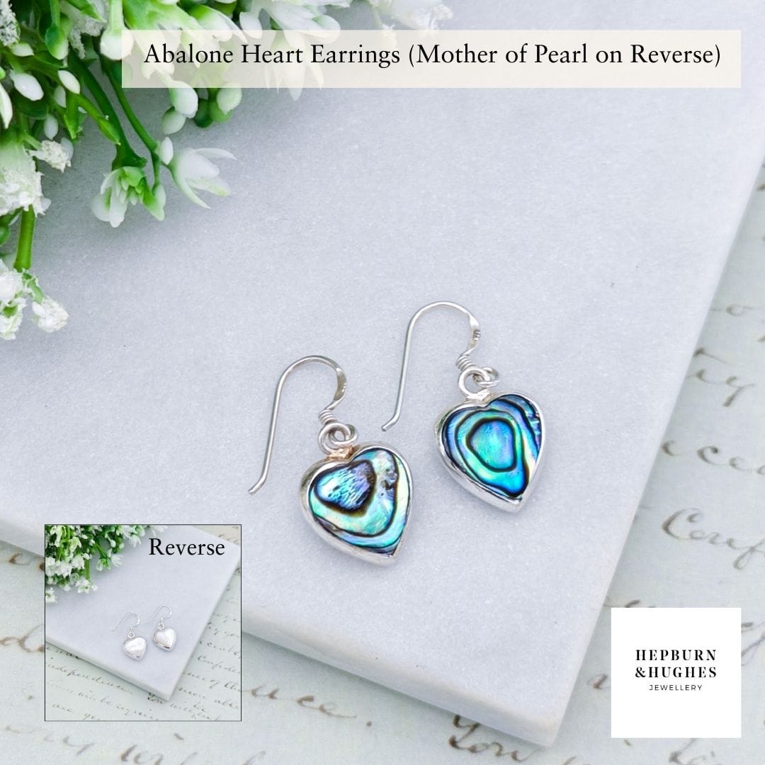 Abalone Earrings | Mother of Pearl on Reverse | Heart Shaped | Sterling Silver