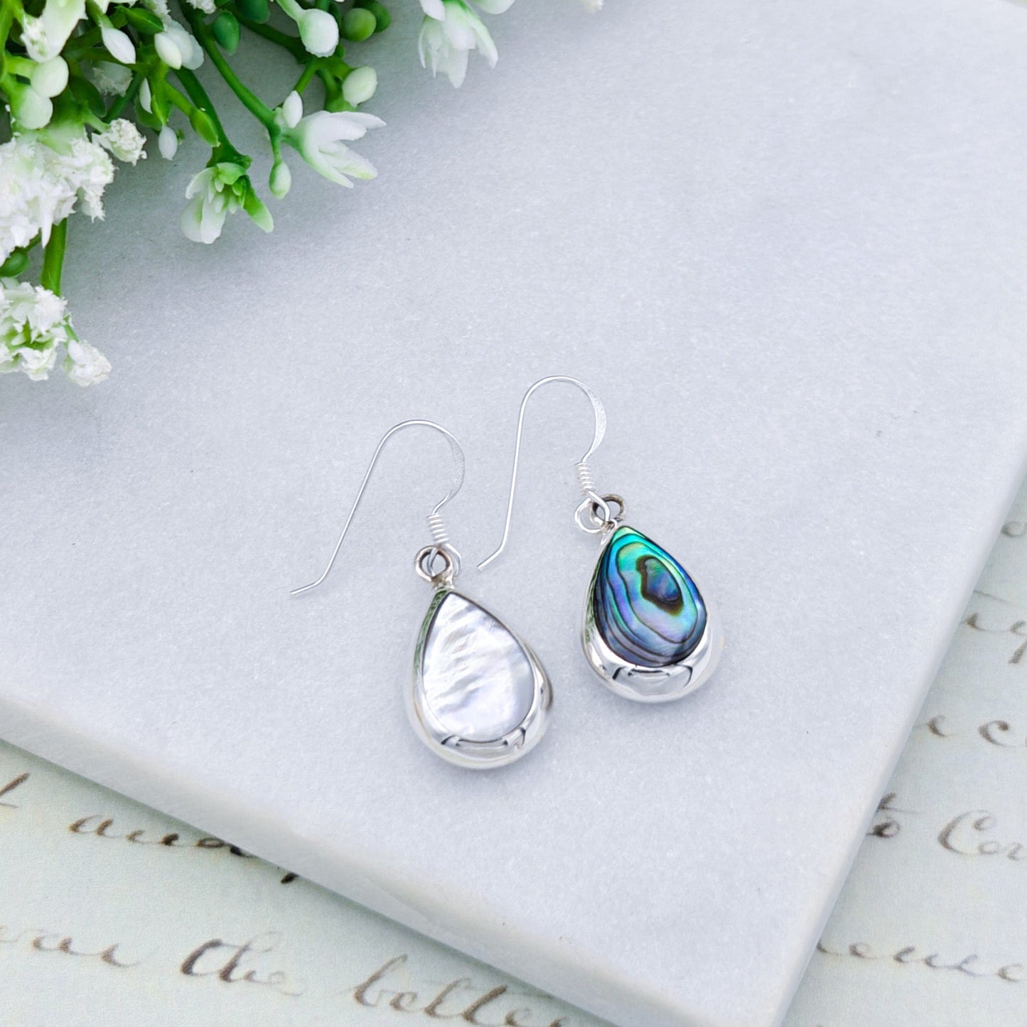 Abalone Teardrop Earrings | Mother of Pearl on reverse | Seashell Gift | Sterling Silver