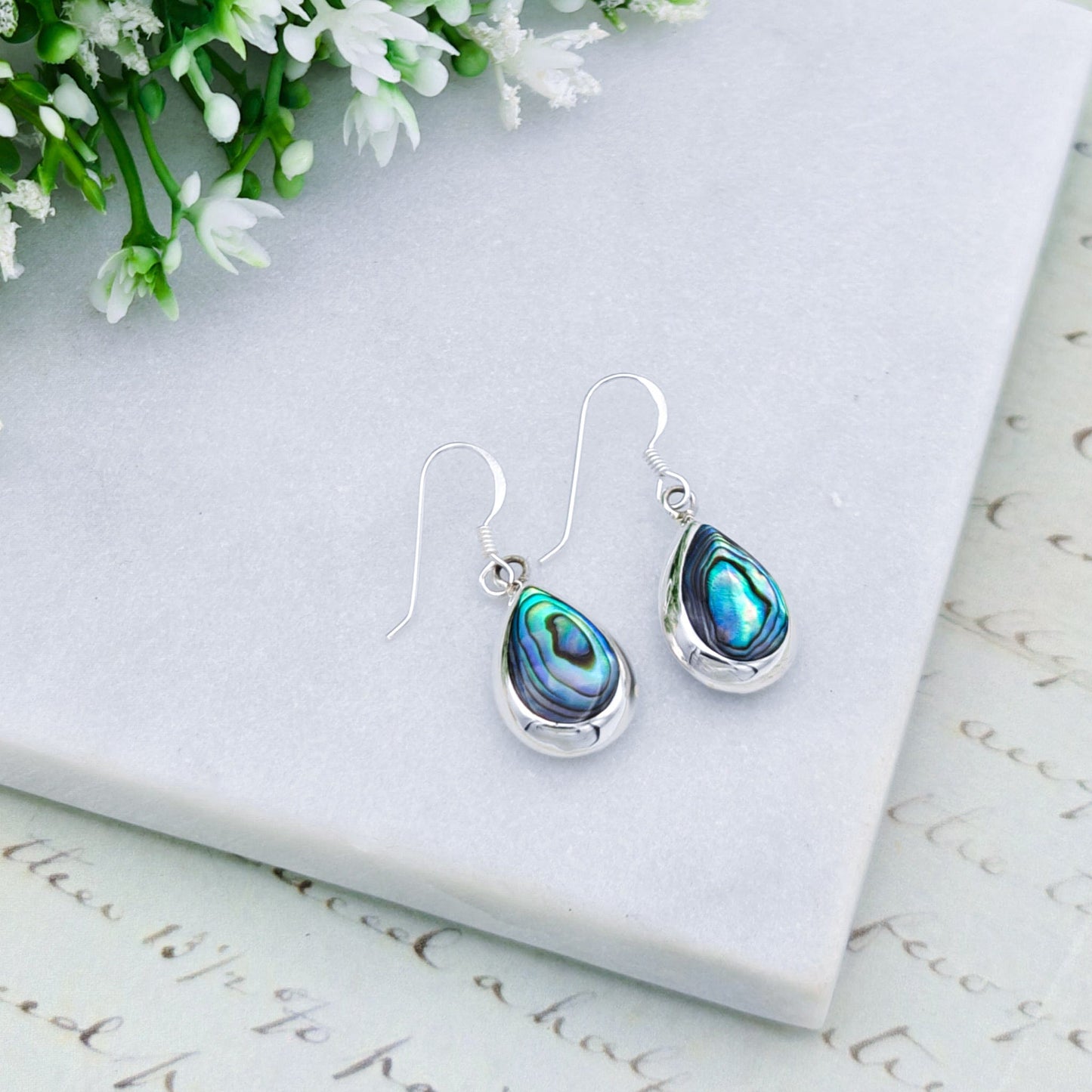 Abalone Teardrop Earrings | Mother of Pearl on reverse | Seashell Gift | Sterling Silver