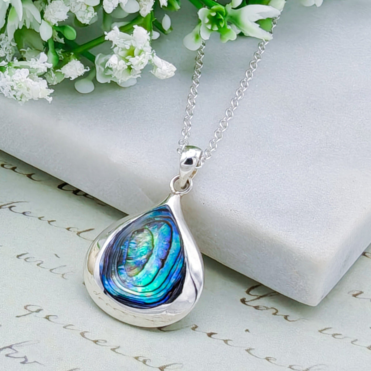 Abalone Teardrop Pendant | Mother of Pearl on Reverse | Shell Gift | Sterling Silver