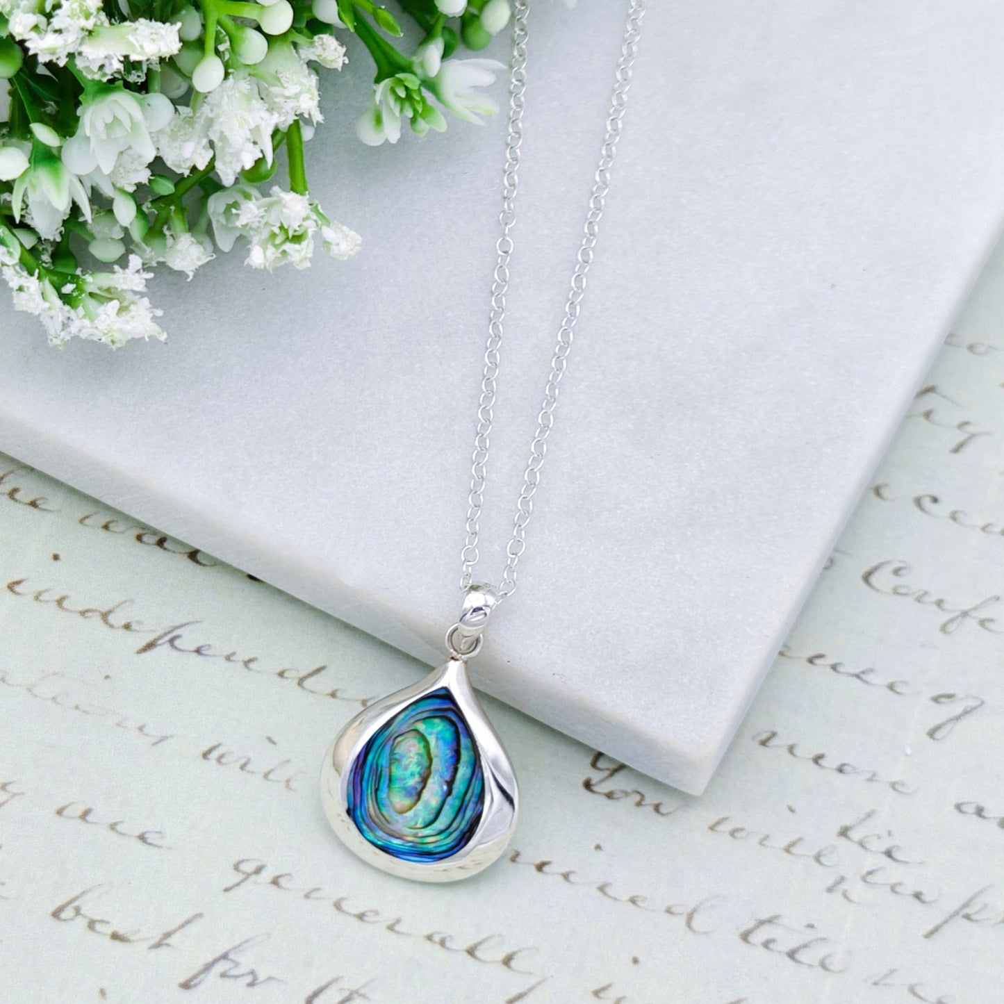 Abalone Teardrop Pendant | Mother of Pearl on Reverse | Shell Gift | Sterling Silver