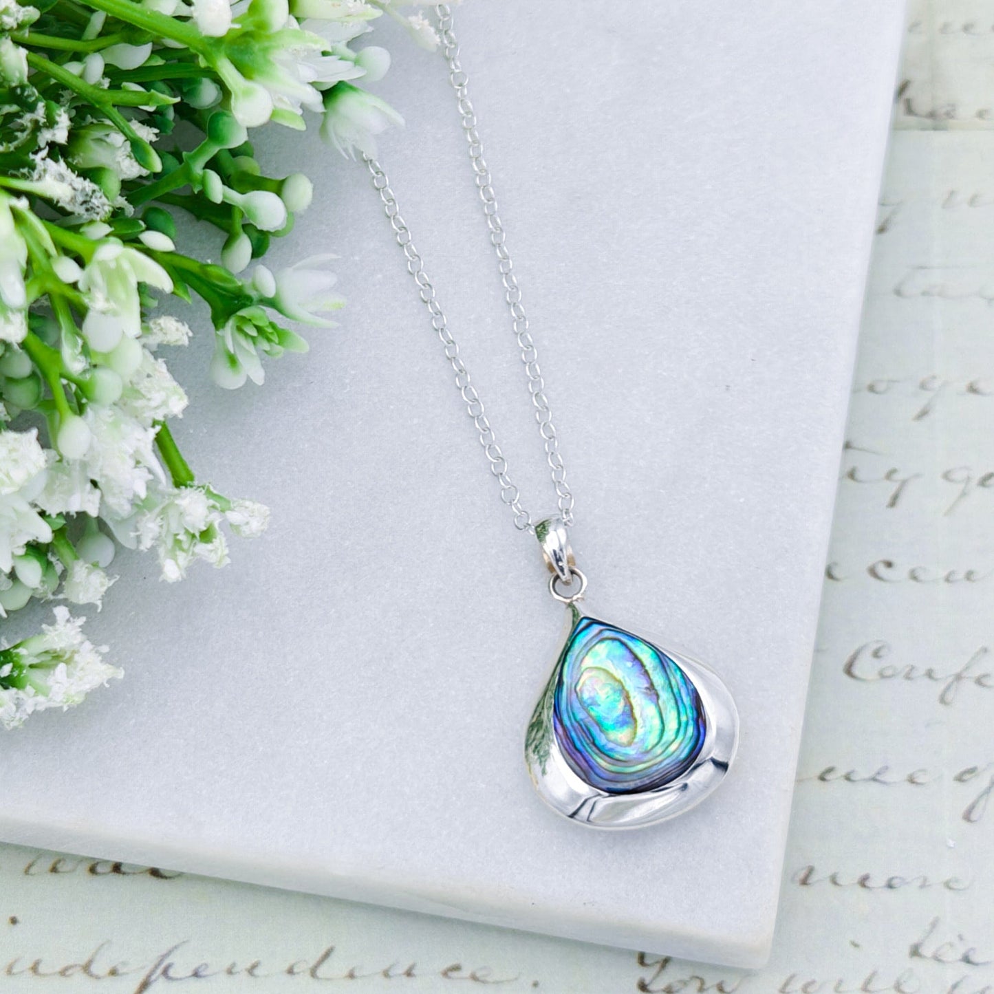 Abalone Teardrop Pendant | Mother of Pearl on Reverse | Shell Gift | Sterling Silver