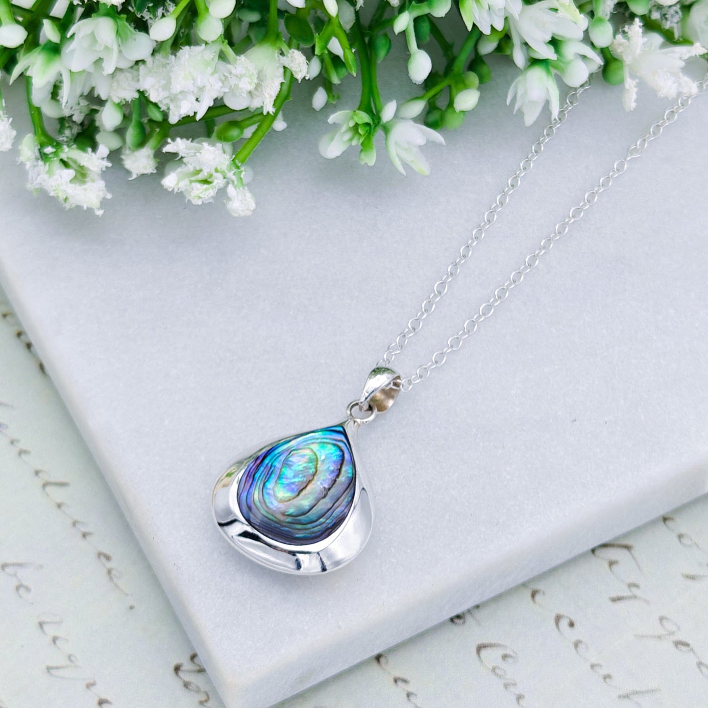 Abalone Teardrop Pendant | Mother of Pearl on Reverse | Shell Gift | Sterling Silver