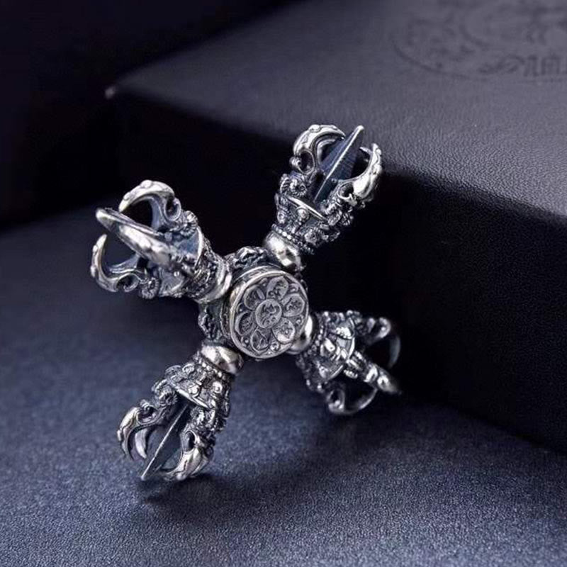Fortune Jewel Tibetan 925 Sterling Silver Double Dorje Vajra Engraved Spiritual Power Pendant