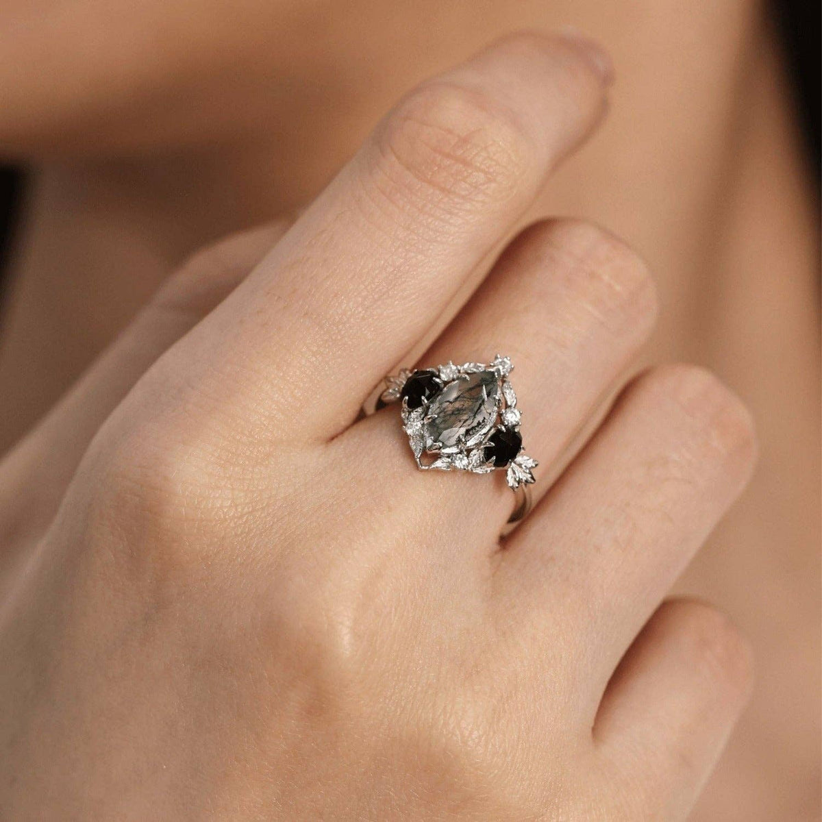 Noctis Moss Agate Black Onyx Ring©: White Gold Vermeil size T1/2
