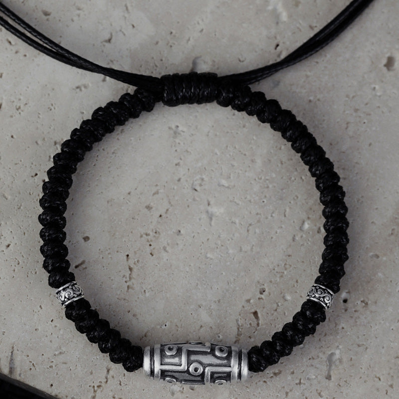 Fortune Jewel 999 Sterling Silver Nine-Eye Dzi Bead Pattern Blessing Rope Bracelet