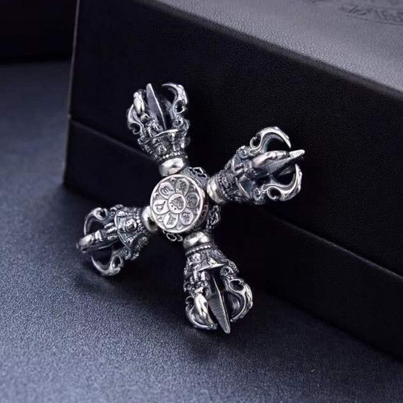 Fortune Jewel Tibetan 925 Sterling Silver Double Dorje Vajra Engraved Spiritual Power Pendant