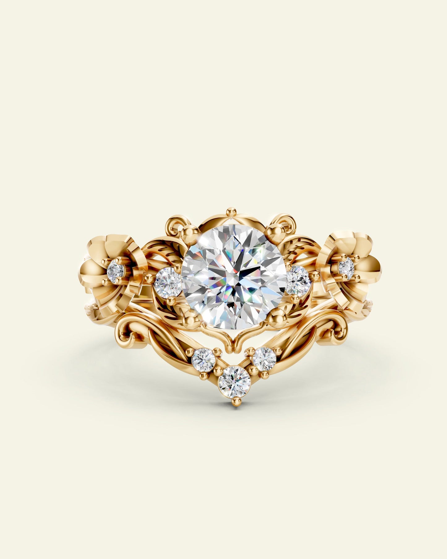 Adelina | bridal ring set for 6.5 mm round cut gemstone, three gems matching band