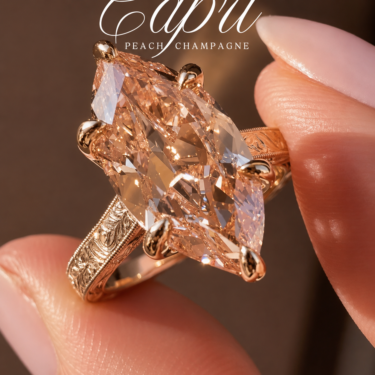 Vintage 3.0ct Hand-Engraved Peach Champagne Marquise Cut Engagement Ring In Sterling Silver