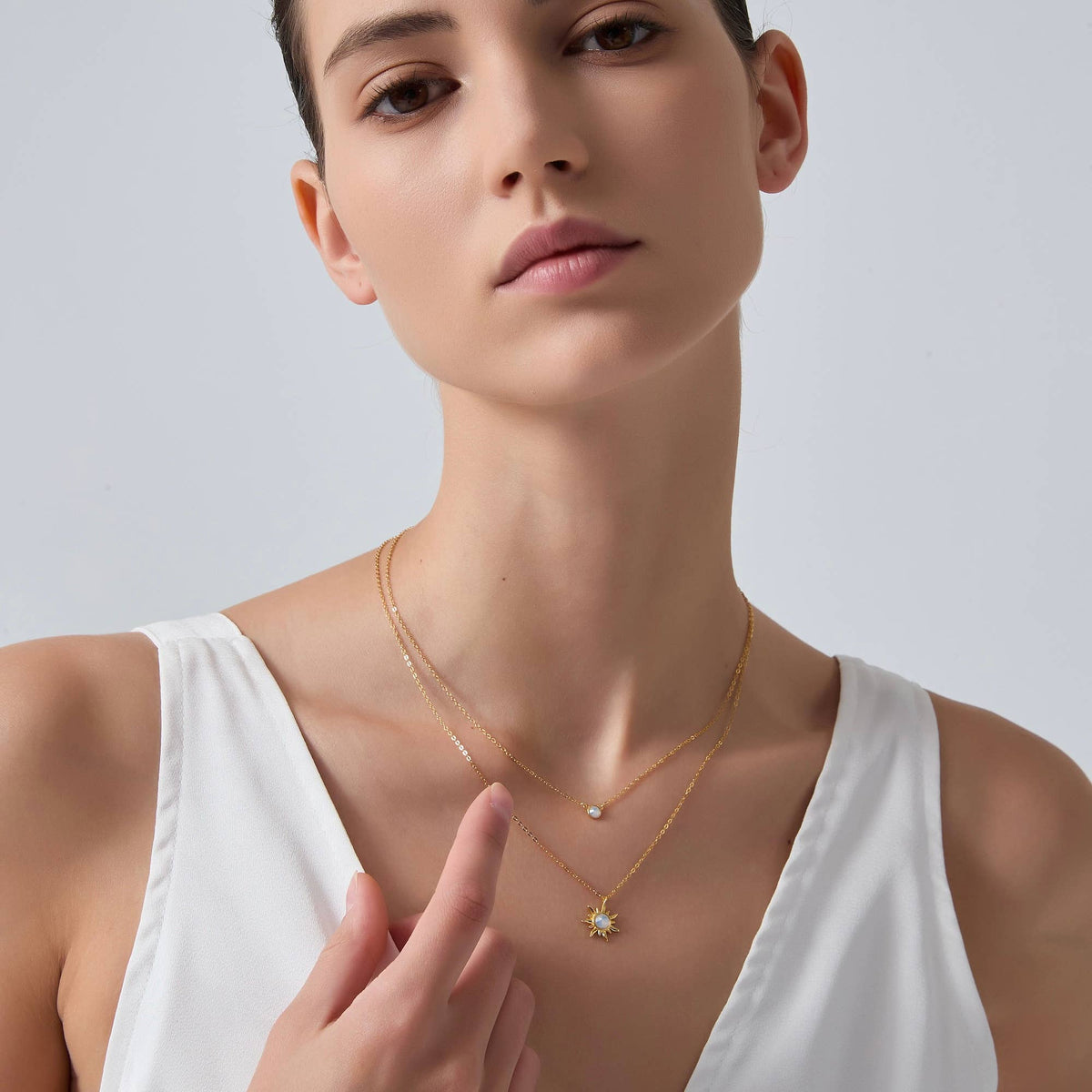 Opal Sun Moon Double Chain Necklace in 925 Sterling Silver: Gold