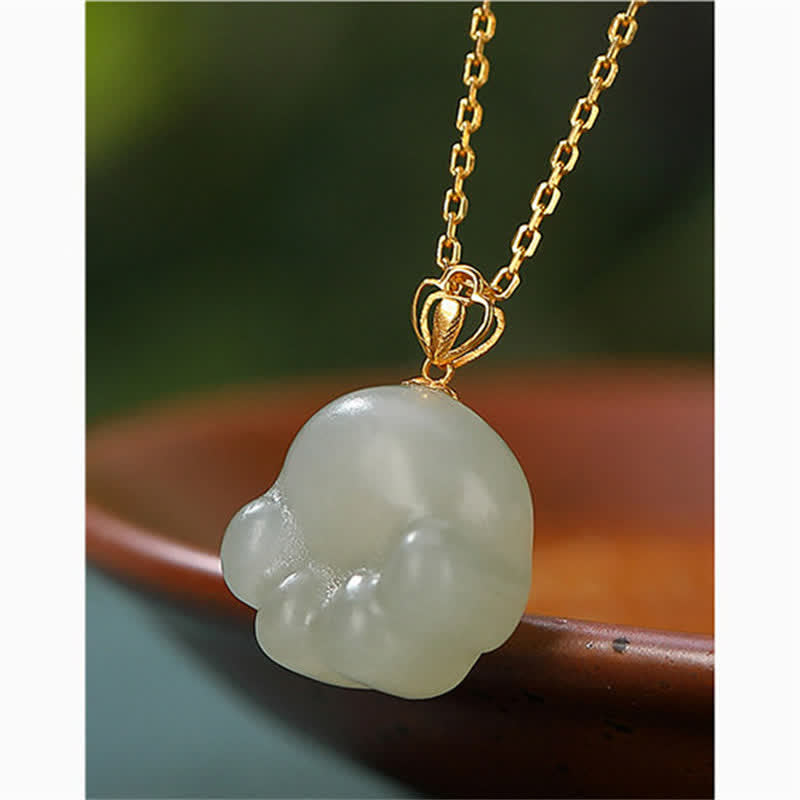 Fortune Jewel 925 Sterling Silver Hetian White Jade Cute Cat Paw Luck Necklace Pendant